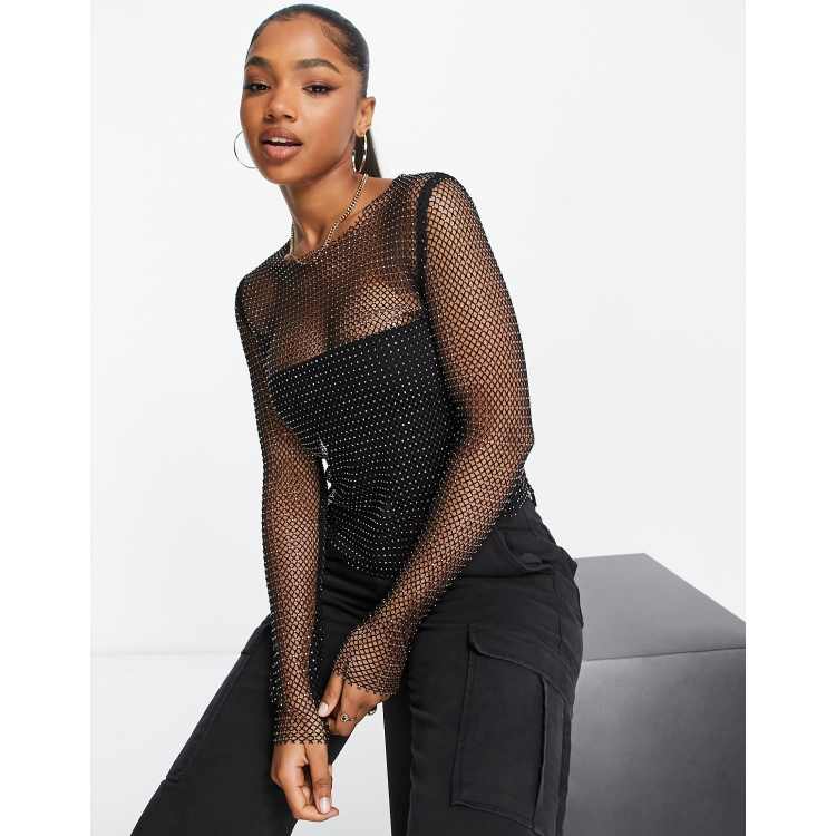 Pull&Bear embellished fishnet top in black