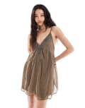 [Pull & Bear] Pull & Bear embellished halterneck mini dress in brown XS BROWN
