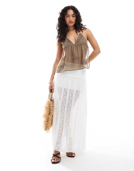 Pull&Bear embellished halterneck top in brown