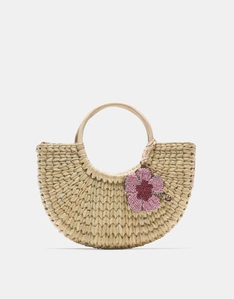 Pull&Bear Embellished raffia basket bag in white cream - view 1