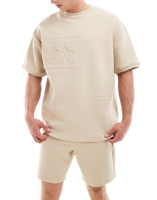 Pull&Bear embossed co-ord t-shirt in sand