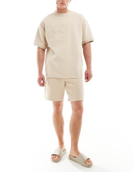 Pull&Bear embossed shorts in sand (part of a set)