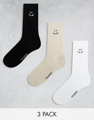 Pull&Bear embroidered 3 pack socks in black white and beige
