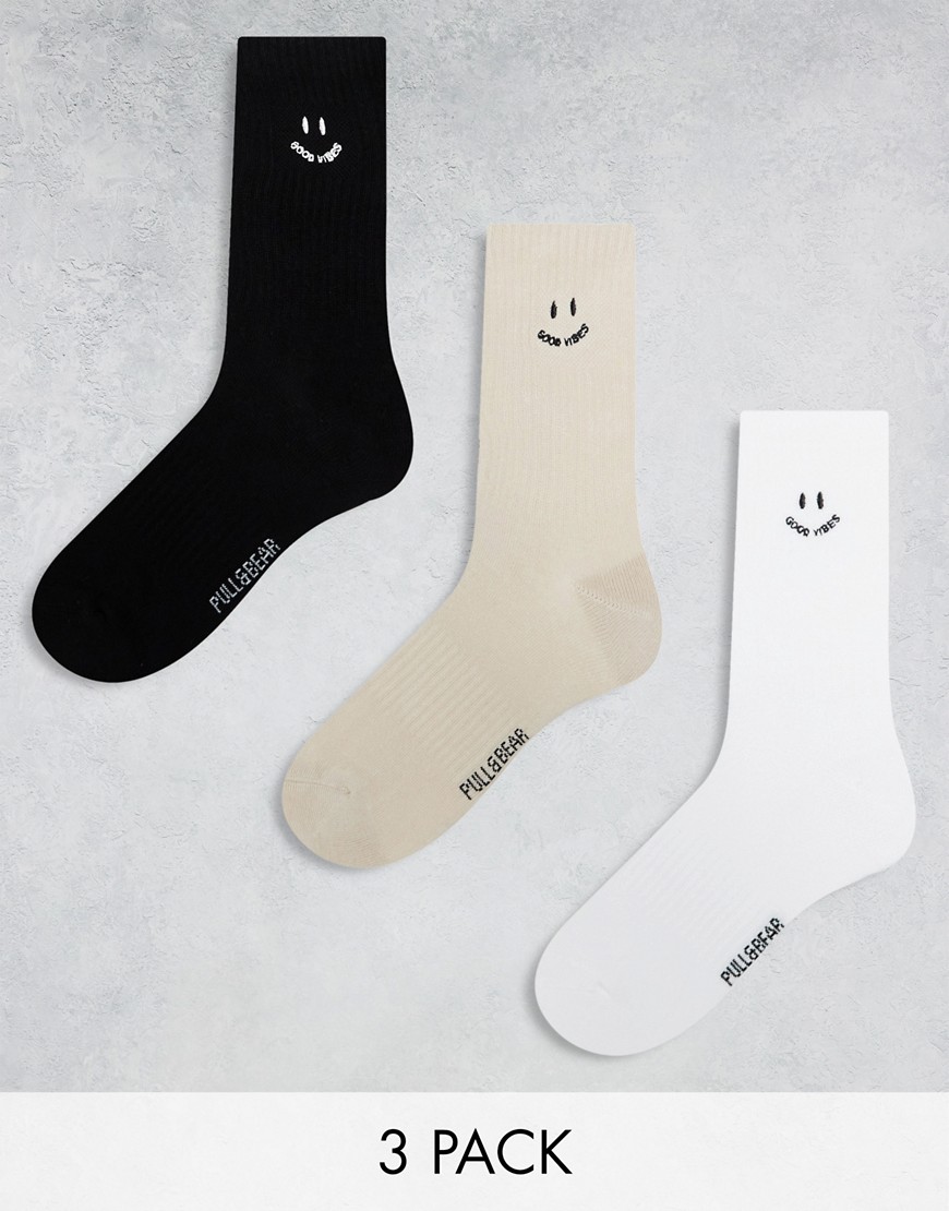 Pull & Bear embroidered 3 pack socks in black white and beige-Multi