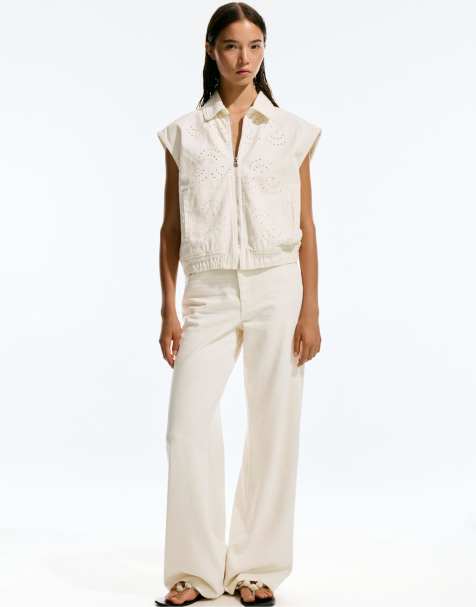 Pull&Bear Embroidered cotton vest in beige