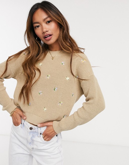 Pull&Bear embroidered floral jumper in beige