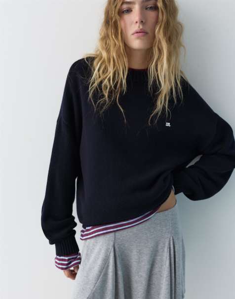 Pull&Bear Embroidered front jumper in navy - view 1
