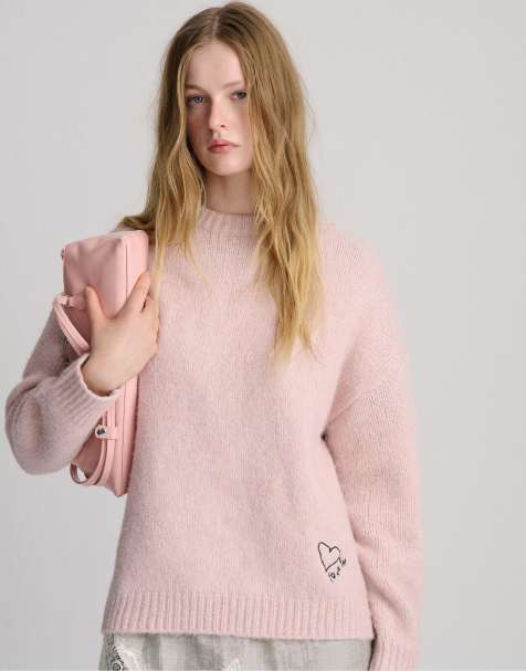 Pull&Bear Embroidered heart jumper in pink - view 1