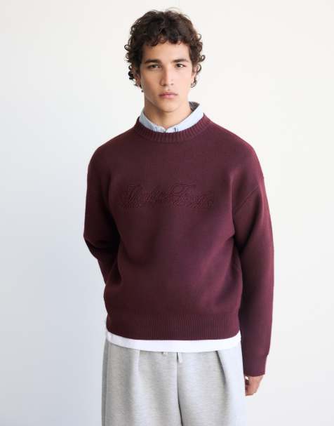 Pull&Bear Embroidered jumper in burgundy - view 1