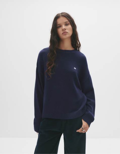 Pull&Bear Embroidered logo sweater in navy - view 1