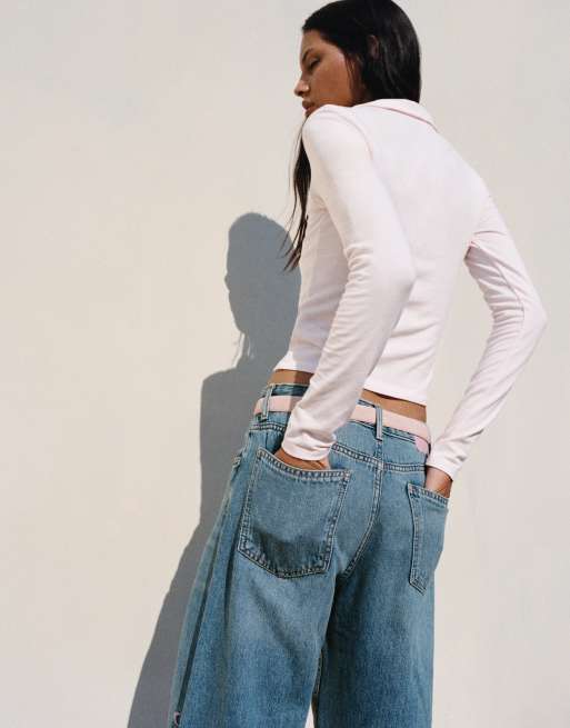 Pull&Bear Embroidered moon baggy jeans in medium blue, 2 of 5