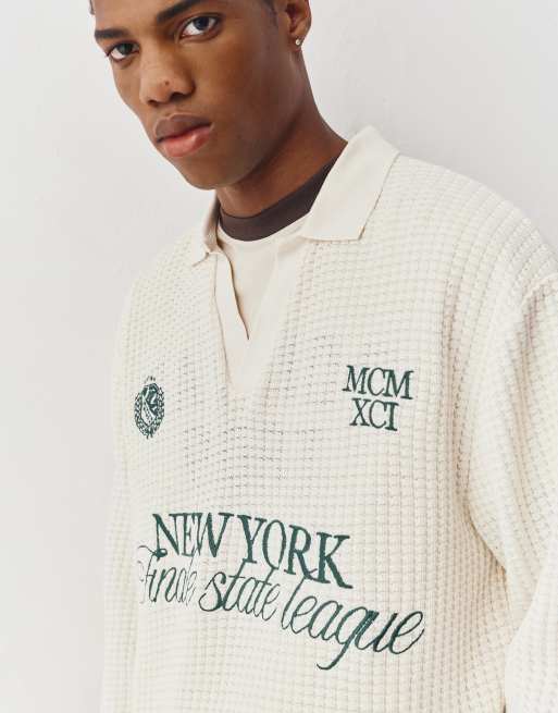 Pull&Bear Embroidered new york polo shirt in off white | ASOS