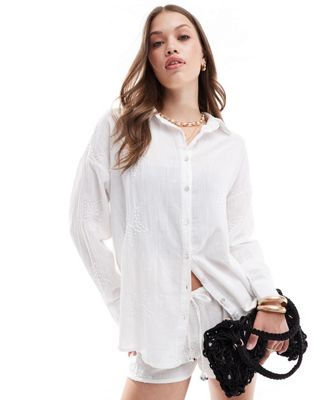 Pull & Bear Embroidered Oversized Shirt In White - Part Of A Set