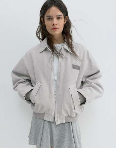 Pull&Bear Embroidered patch jacket in medium grey