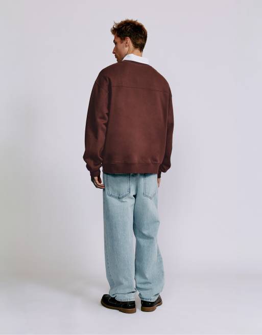 Pull&Bear Embroidered round neck sweatshirt in brown, 2 of 7