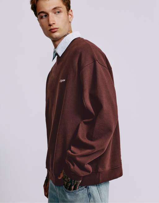 Pull&Bear Embroidered round neck sweatshirt in brown, 5 of 7