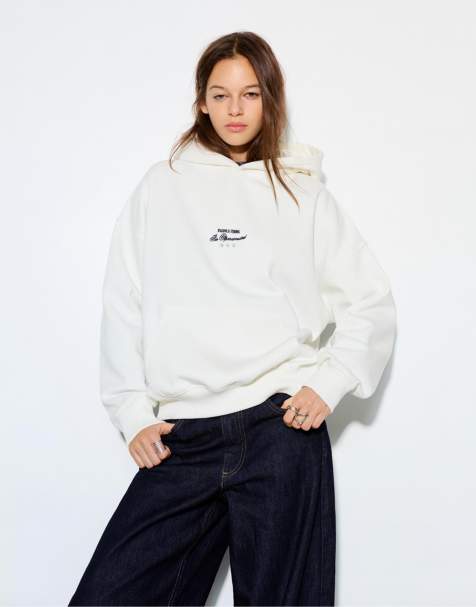 Pull&Bear Embroidered star hoodie in off white