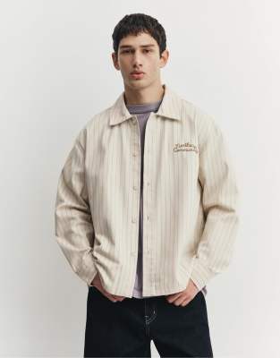 Pull & Bear Embroidered Striped Shirt In Neutral