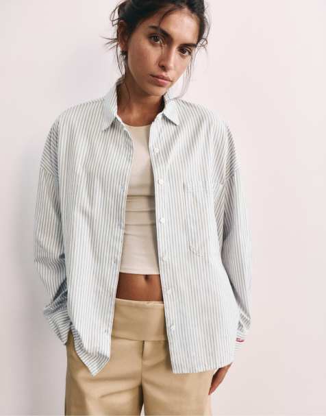 Pull&Bear Embroidered striped shirt in pastel blue - view 1