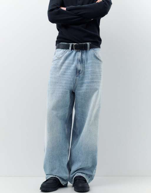 Pull&Bear Embroidered super baggy jeans in medium blue, 2 of 4