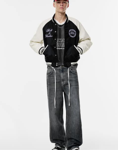 Pull&Bear Embroidered varsity bomber jacket in black - view 1
