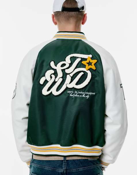 Pull&Bear Embroidered varsity bomber jacket in bottle - view 1