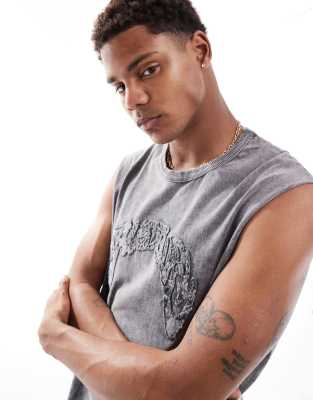 Pull&Bear embroidered washed singlet in charcoal 