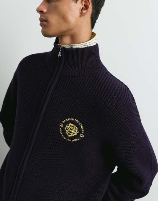 Pull&Bear Embroidered zip cardigan in dark blue, 3 of 7