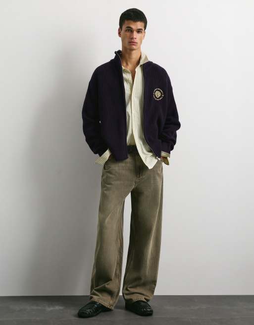 Pull&Bear Embroidered zip cardigan in dark blue, 4 of 7