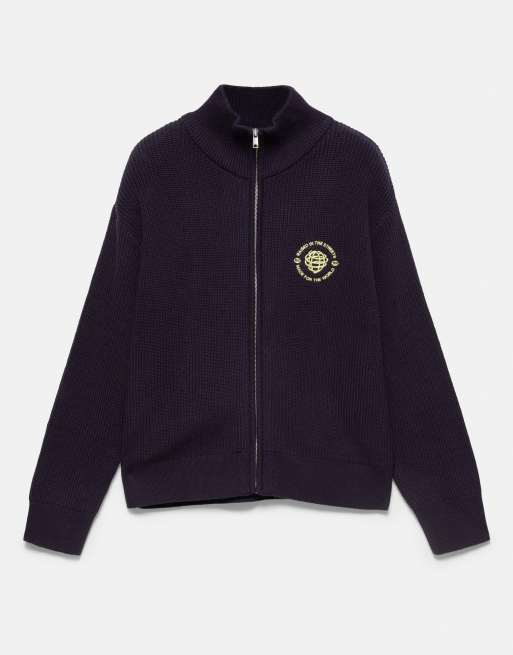 Pull&Bear Embroidered zip cardigan in dark blue, 5 of 7