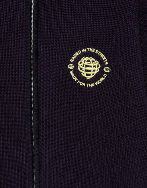 Pull&Bear Embroidered zip cardigan in dark blue, 6 of 7