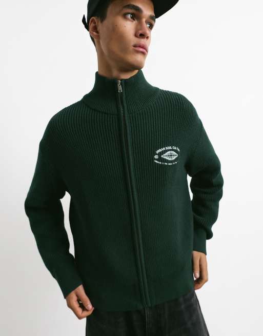 Pull&Bear Embroidered zip cardigan in green, 3 of 7