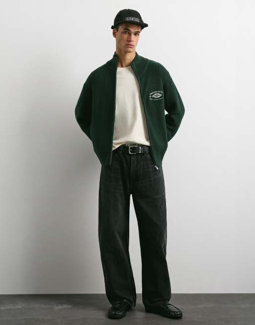 Pull&Bear Embroidered zip cardigan in green, 4 of 7