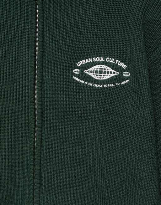 Pull&Bear Embroidered zip cardigan in green, 6 of 7