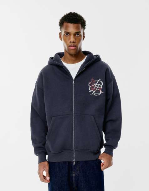 Pull&Bear Embroidered zip-up hoodie in navy - view 1