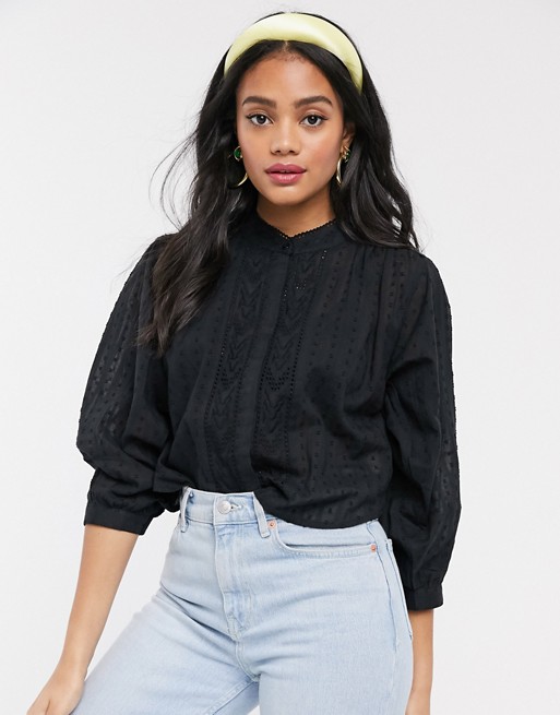 Pull&Bear embroidery detail blouse in black