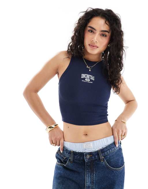 Pull&Bear Encinitas racer neck ribbed tank top in navy