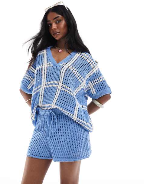 Pull&Bear - Ensemble en maille crochetée avec short et polo à carreaux - Bleu - view 1