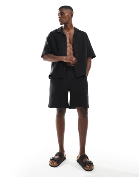 Pull&Bear - Ensemble texturé en tissu éponge avec short et chemise - Noir - view 1