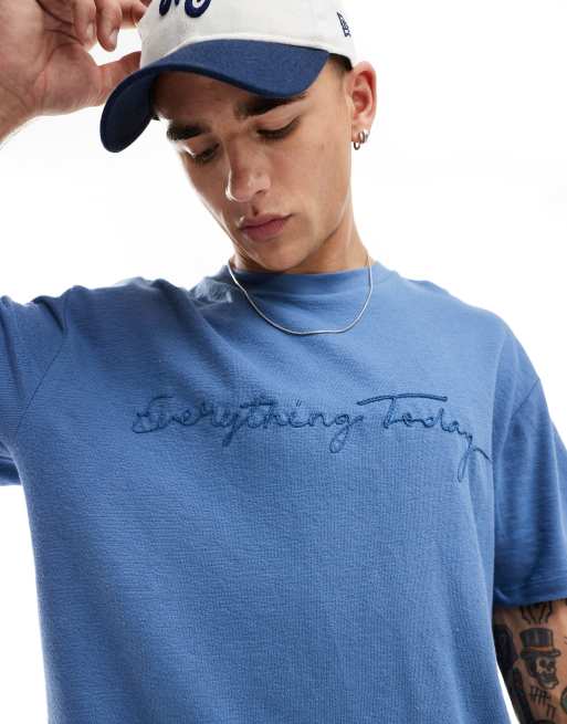 Pull&Bear - Everything Today - T-shirt geborduurde tekst in blauw