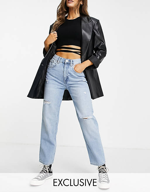 Pull&Bear Exclusive elasticated waist mom jean in light blue
