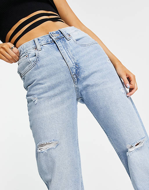  Pull&Bear Exclusive elasticated waist mom jean with rips in light blue 