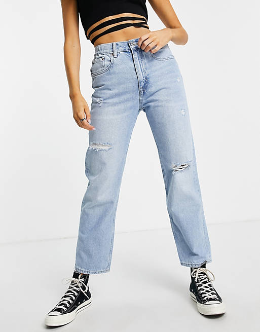  Pull&Bear Exclusive elasticated waist mom jean with rips in light blue 