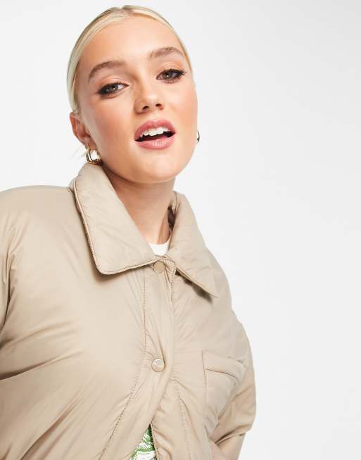 Pull&Bear Exclusive lightly padded nylon jacket in mushroom, 3 of 4