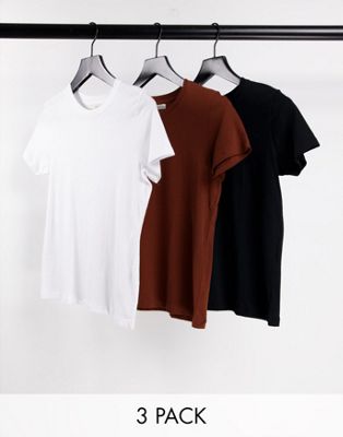 Pull&Bear Exclusive multipack tshirt in white, black and brown