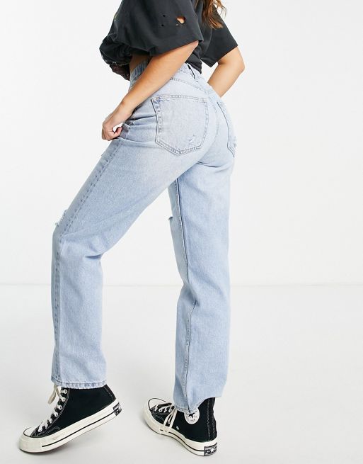 Pull&Bear Exclusive Petite elastic waist mom jean with rips in light ...