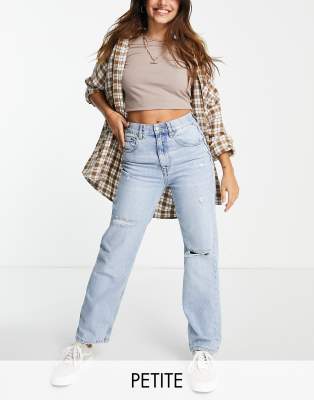 Pull&Bear Exclusive Petite elasticated waist mom jean in light blue - ASOS Price Checker