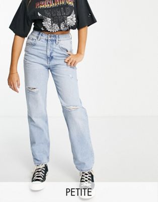 Pull&Bear Exclusive Petite elasticated waist mom jean with rips in light blue