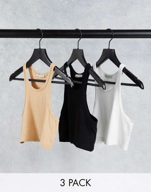 Pull&Bear Exclusive racer back vest multipack x 3 in camel and black and white