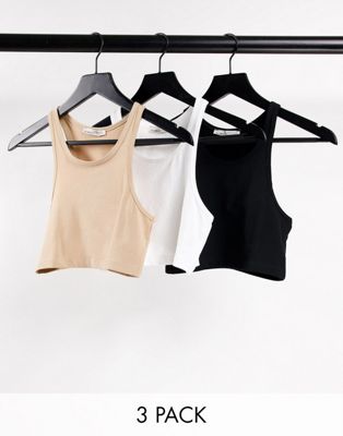 Pull&Bear Exclusive racer back vest multipack x 3 in camel and black and white
